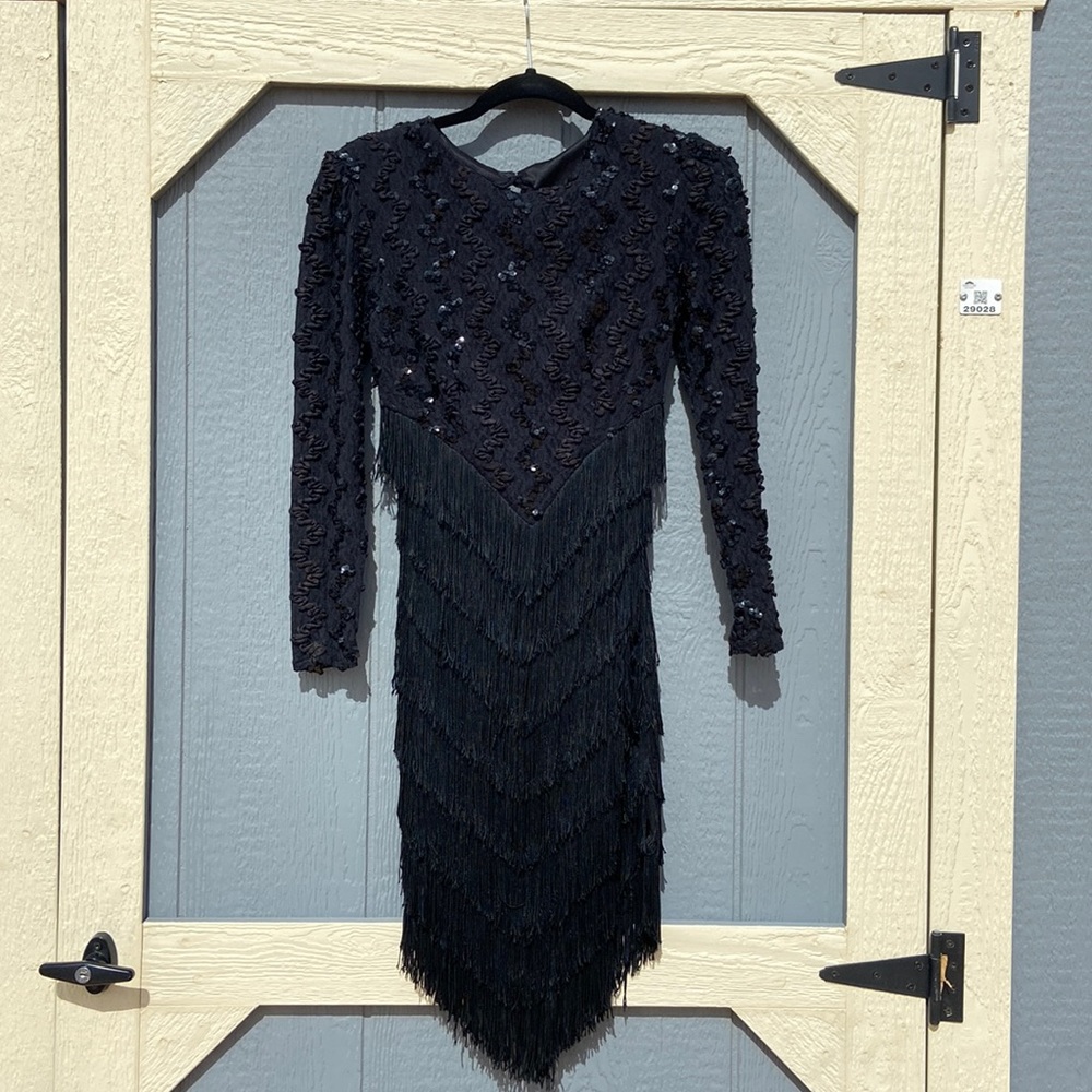 Dave & Johnny 1980s western small black dress with fringe and sequins